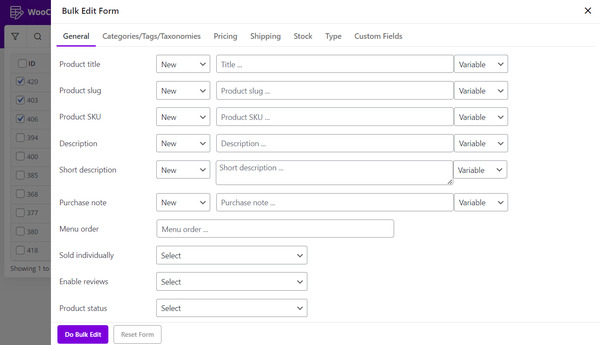 advanced bulk edit form